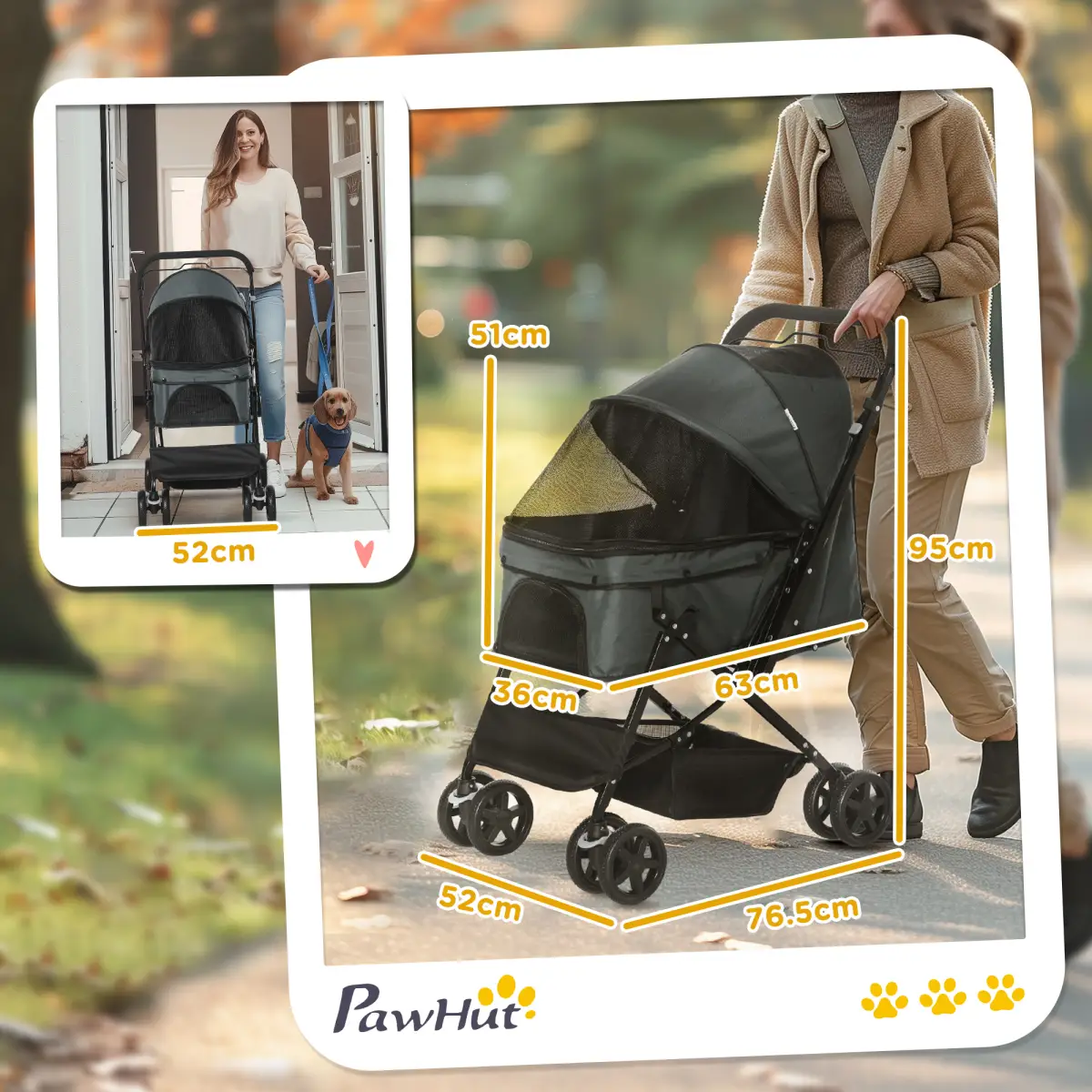 PawHut PawHut Pet Stroller Dog Foldable Travel Carriage with Reversible Handle, Grey - Pet Carrier