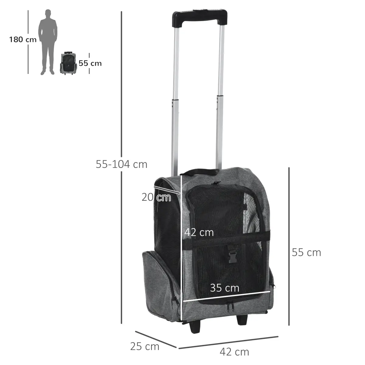Pawhut Pet Travel Backpack Bag Cat Dog Carrier w/ Trolley and Telescopic Wheel Grey - Pet Carrier