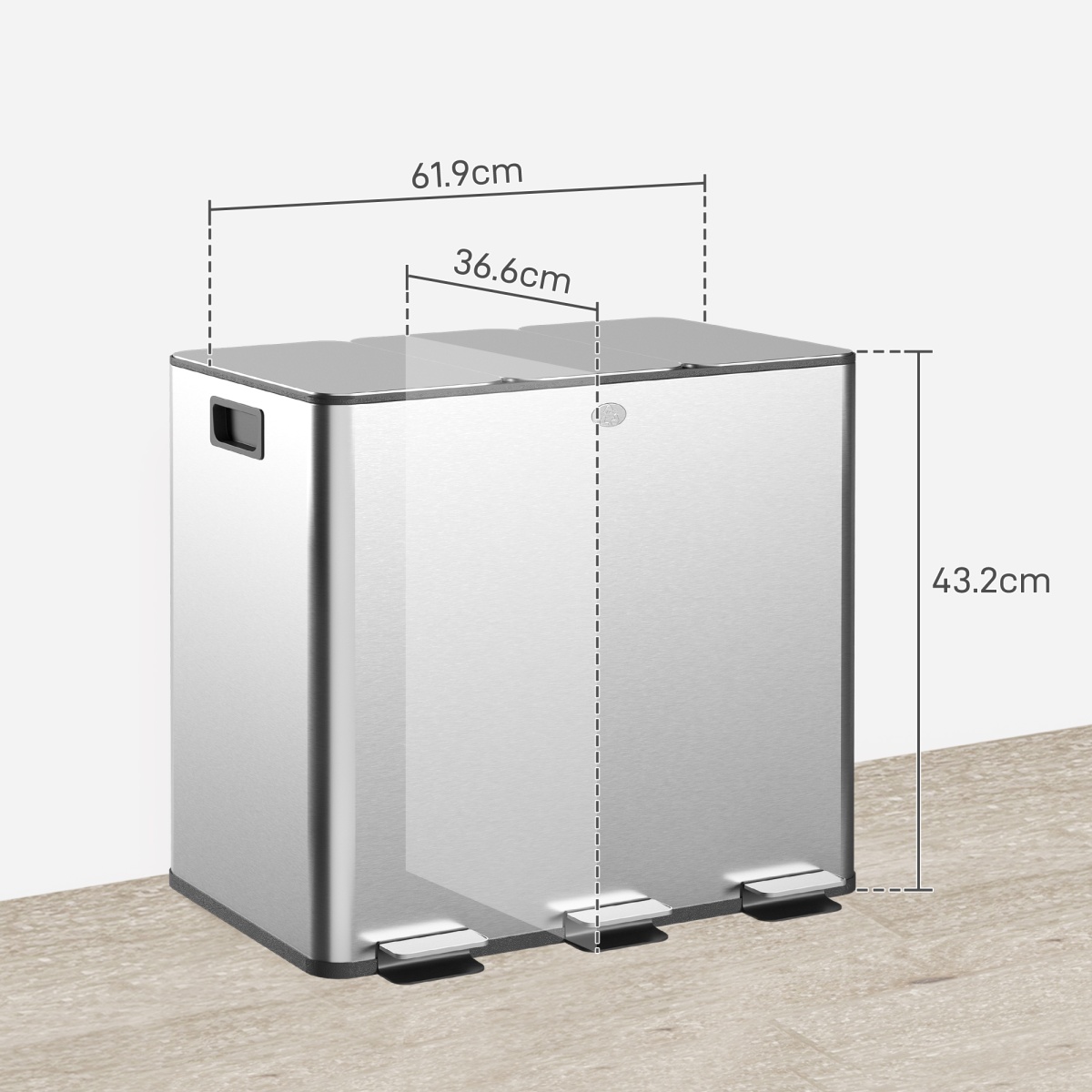 HOMCOM 3 x 15L Triple Kitchen Bin Pedal Bin for Recycling and Waste, Silver - from HOMCOM