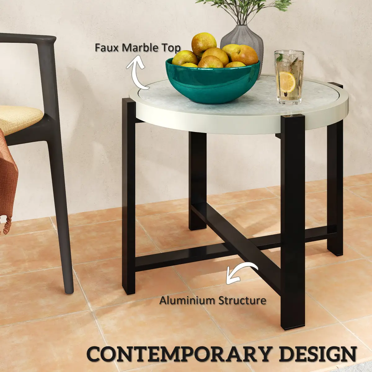 Outsunny Outsunny Round Small Garden Table with Faux Marble Glass Top, Light Grey - Garden Table