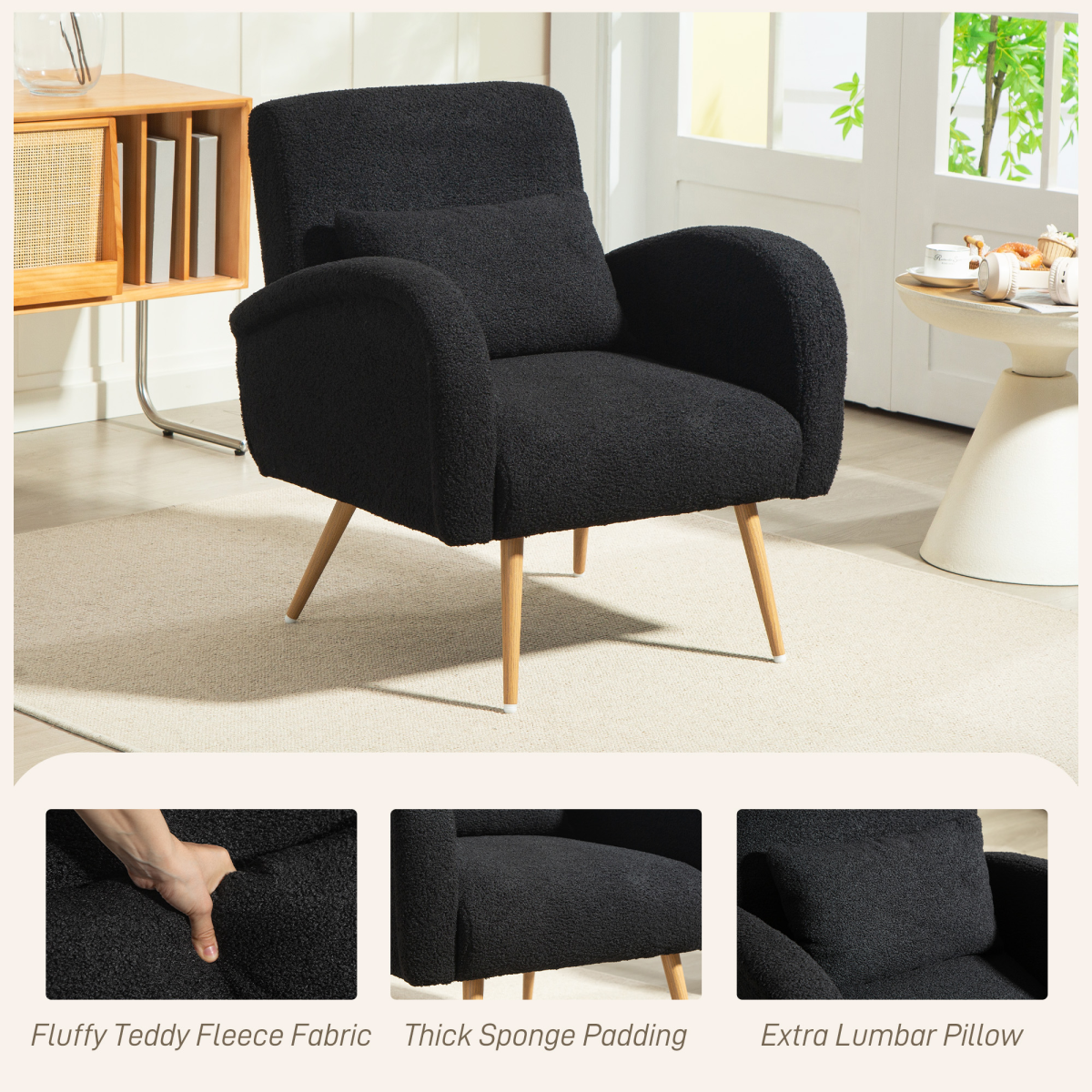 HOMCOM Teddy Fleece Upholstered Accent Chair with Metal Legs, Black - from HOMCOM