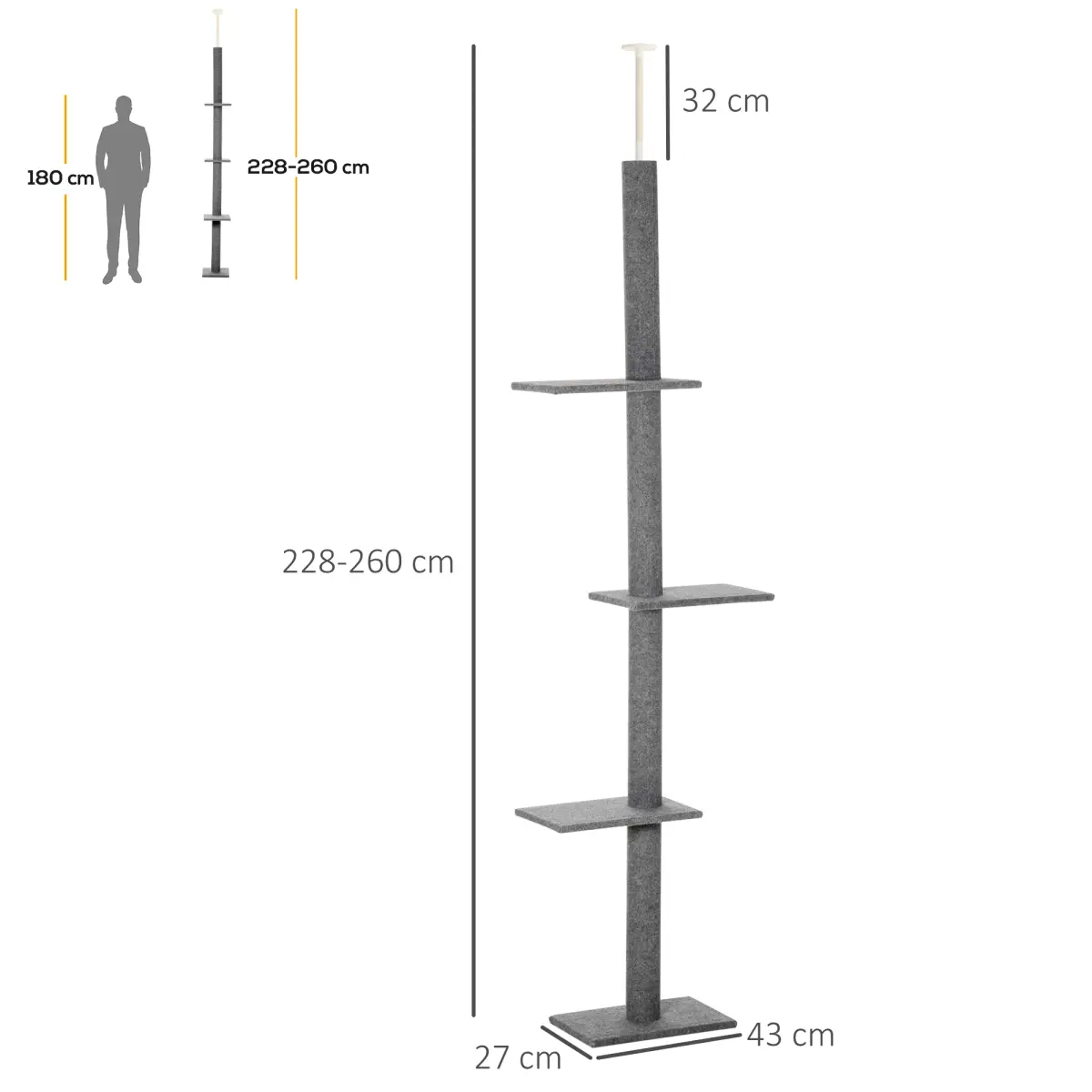 Unbranded 260cm Floor To Ceiling Cat Tree Kitten Tower Adjustable Height - Grey Pawhut - Cat Tree