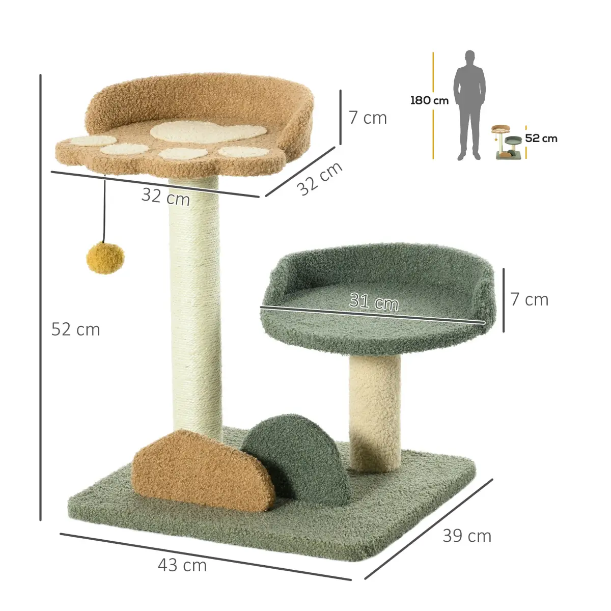 PawHut 52cm Cat Tree for Indoor Cats, Scratching Posts with Two Bed, Toy Ball - Cat Tree