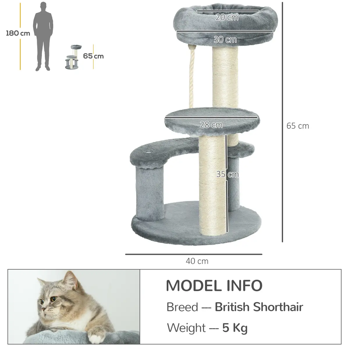 Pawhut Cat Tree Scratcher Kitty Activity Play Center Post 2 Perch w/ Hanging Sisal Rope - Cat Tree