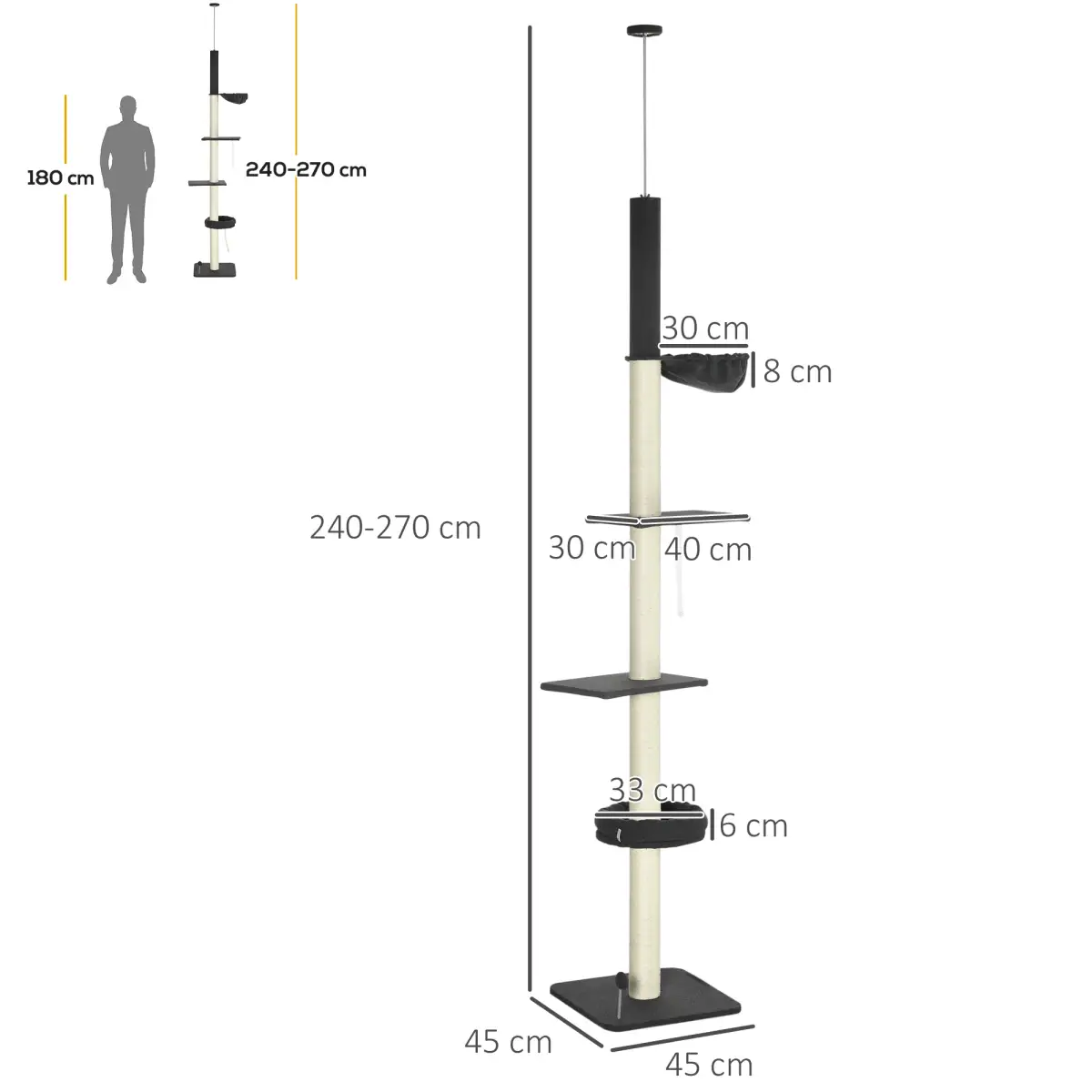 PawHut PawHut Floor-To-Ceiling Cat Tree, Height Adjustable, Black - Cat Tree