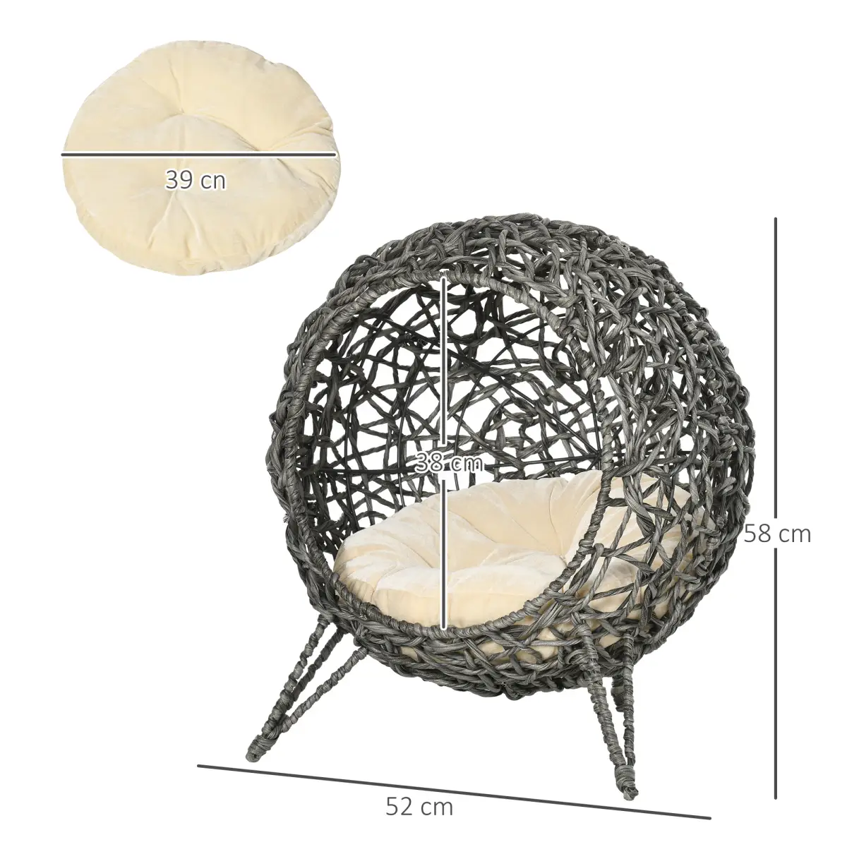 PawHut Rattan Elevated Cat House Kitten Basket Pet Bed w/ Cushion - Silver-Tone, Grey - Cat House