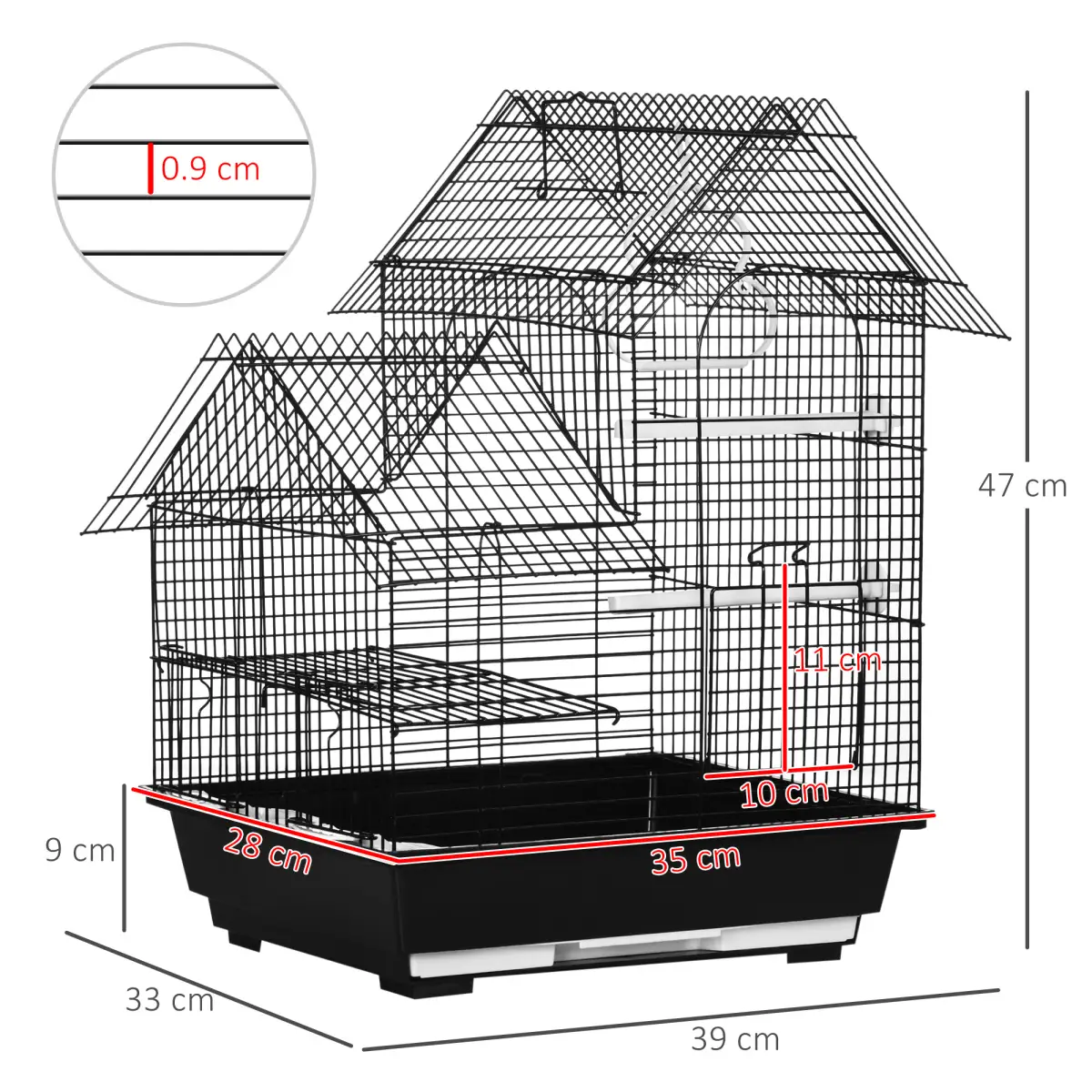 PawHut Metal Bird Cage w/ Plastic Perch, Food Container, Swing Ring, Handle - Black - Bird Cage