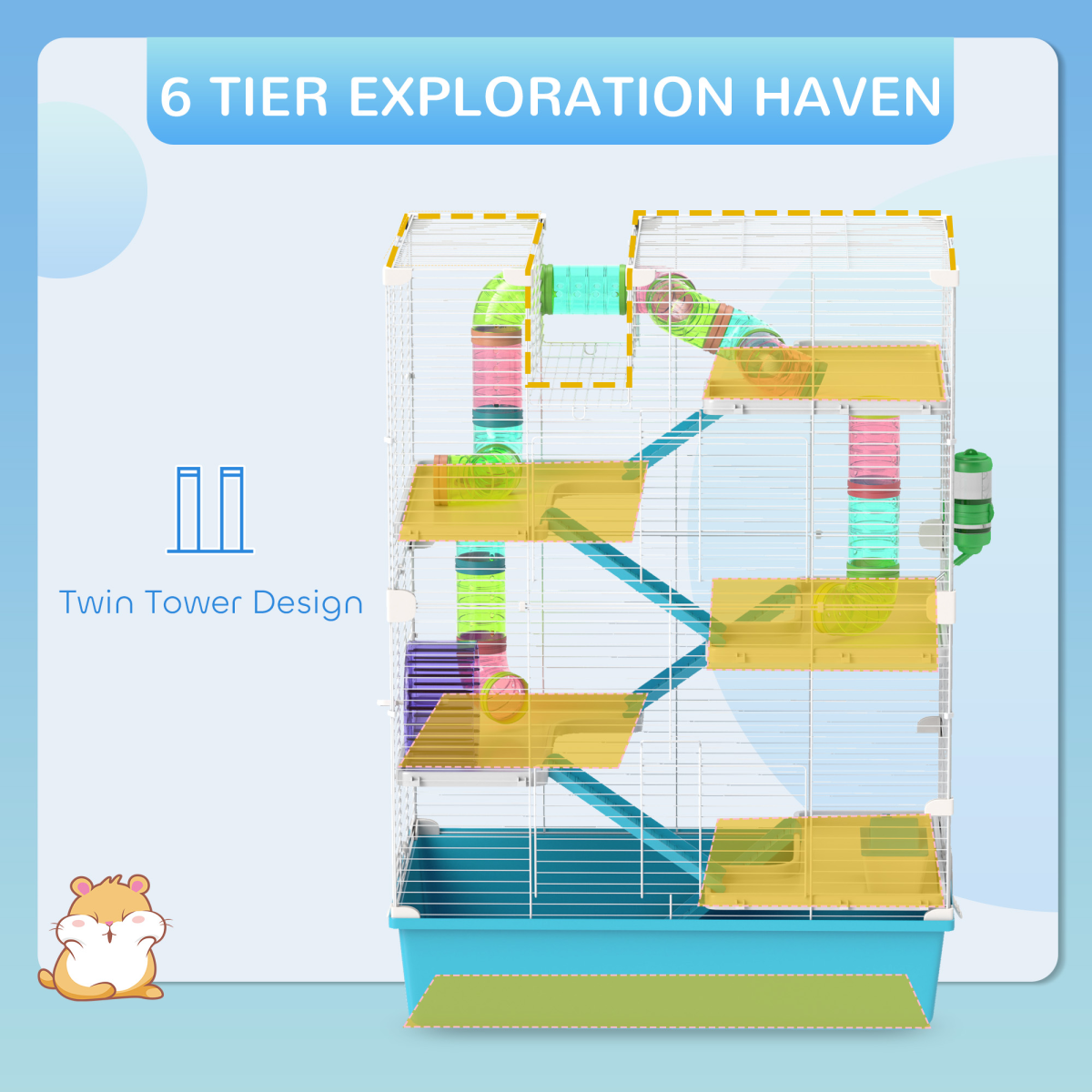 PawHut 6 Tier Hamster Cage with Twin Tower and Accessories, Light Blue - from PawHut