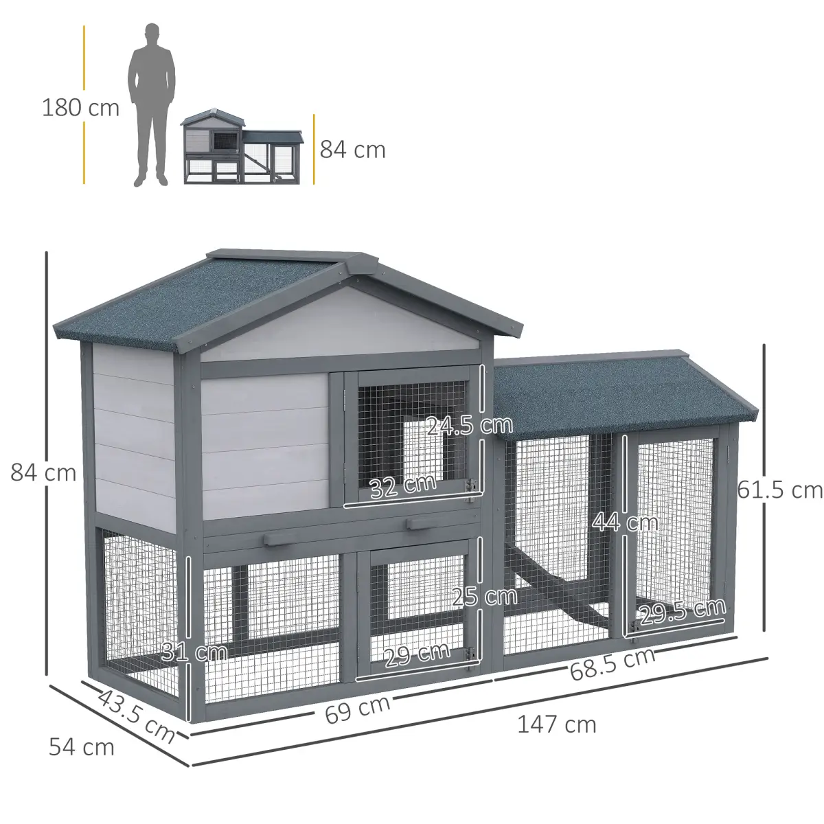 Pawhut 5ft Wooden Rabbit Guniea Pigs Hutch with Run 2 Tiers Outdoor Cage Pet House - Rabbit Hutch