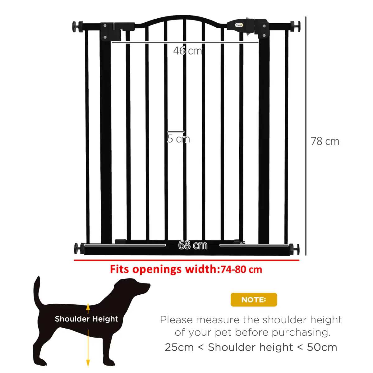 PawHut PawHut 74-80cm Adjustable Metal Pet Gate Safety Barrier w/ Auto-Close Black - Pet Gate