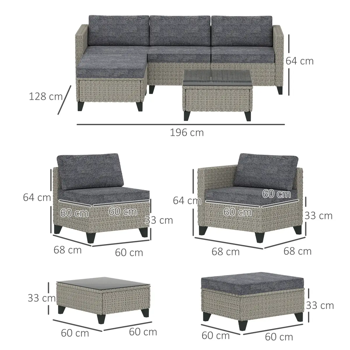 Outsunny Outsunny 5 PCs Rattan Garden Furniture Set with Glass Coffee Table Dark Grey - Garden Set