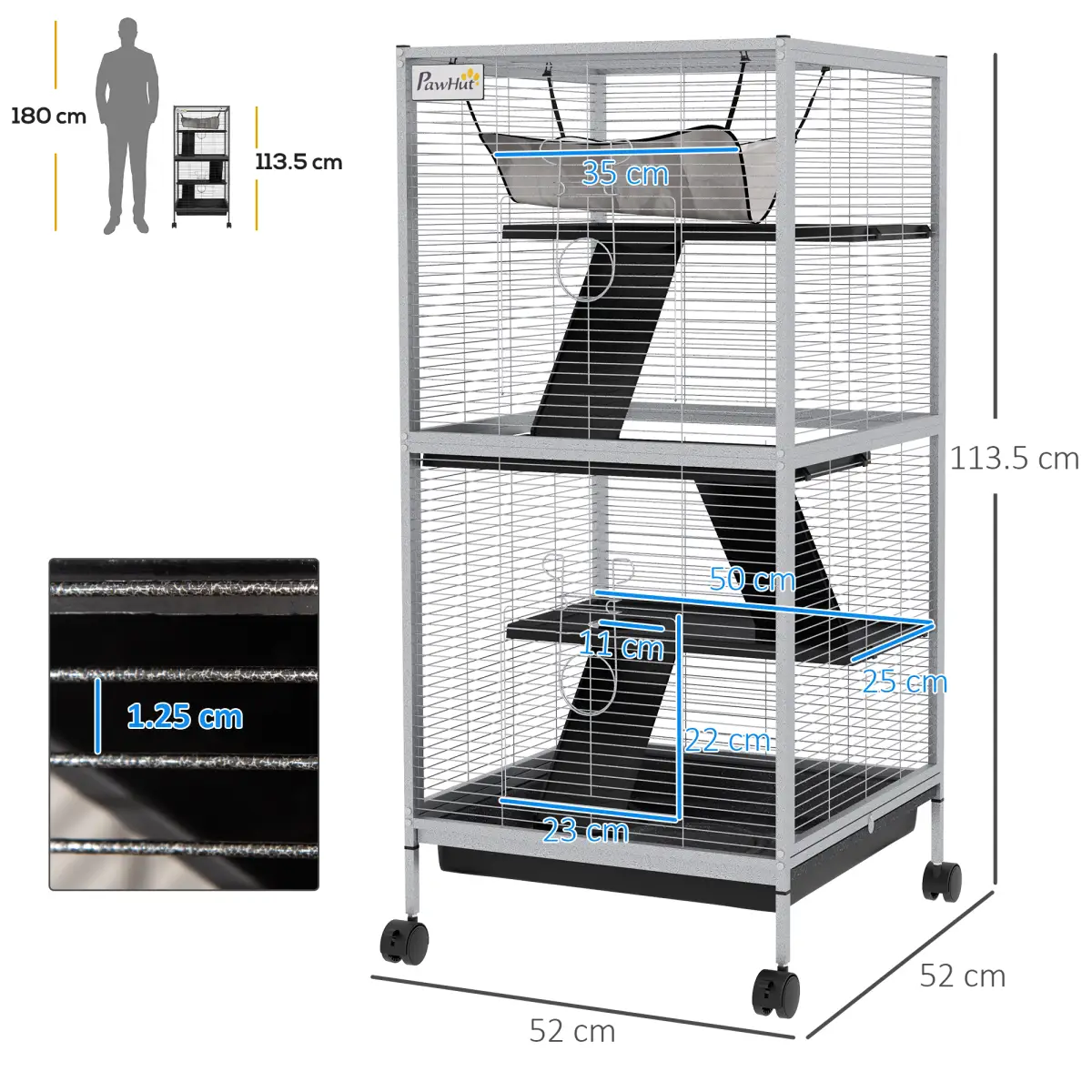 PawHut PawHut Rolling Small Animal Cage for Chinchillas Ferrets Kittens W/ Ramp Grey - Pet Cage