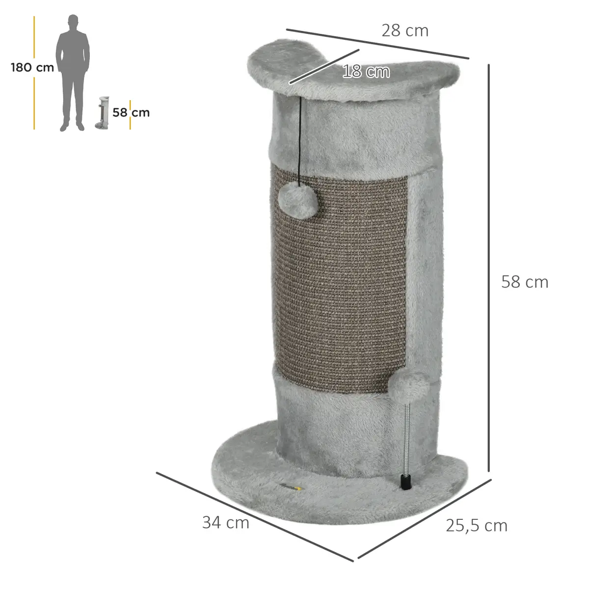 PawHut 58cm Corner Cat Scratching Post for Wall w/ Covered Plush, Sisal Rope, Toy Balls - Cat Tree