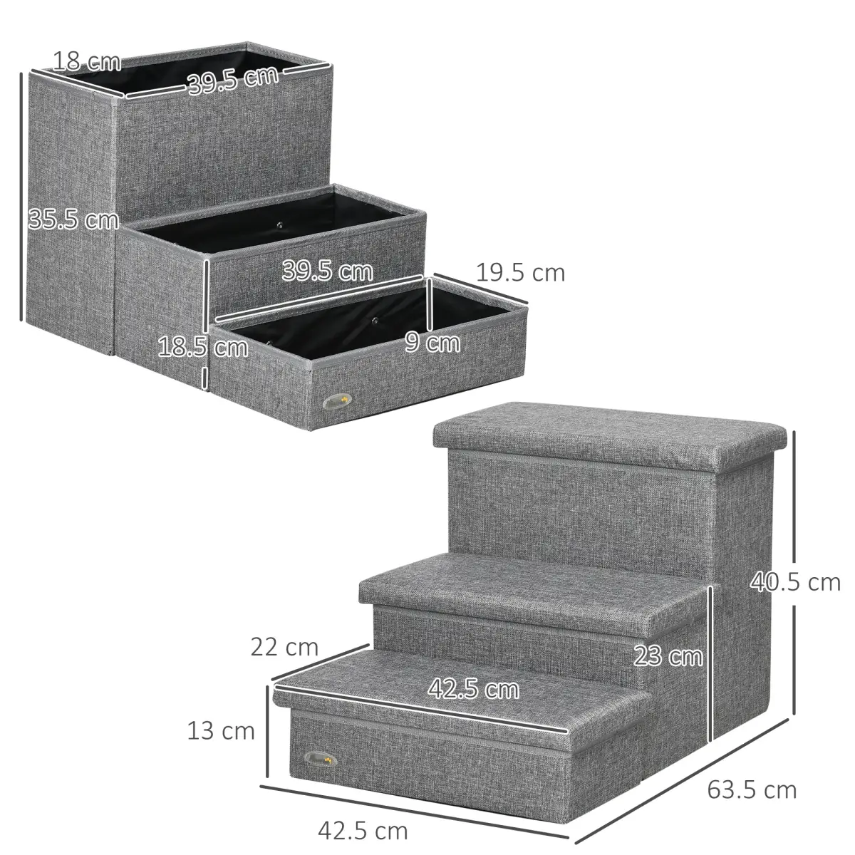 PawHut PawHut 3 Step Dog Steps with Storage Boxes, Cat Stairs for Bed Sofa, Light Grey - Dog Steps