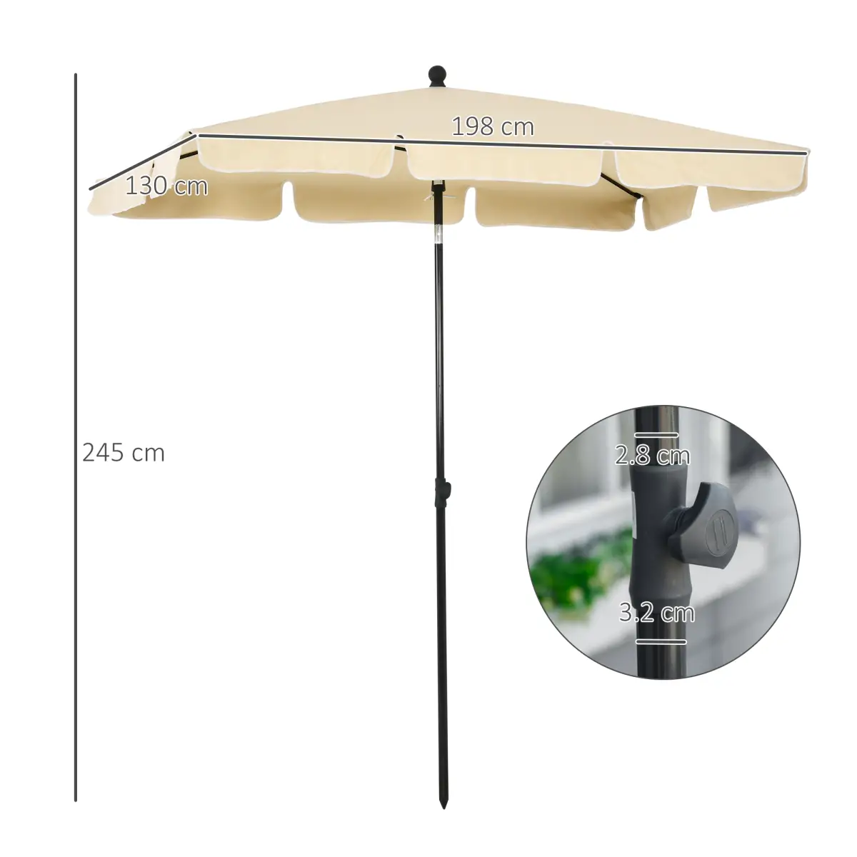 Outsunny Aluminium Sun Parasol Garden Tilting Umbrellas Patio Rectangular, 2x1.25m, Beige - Parasol