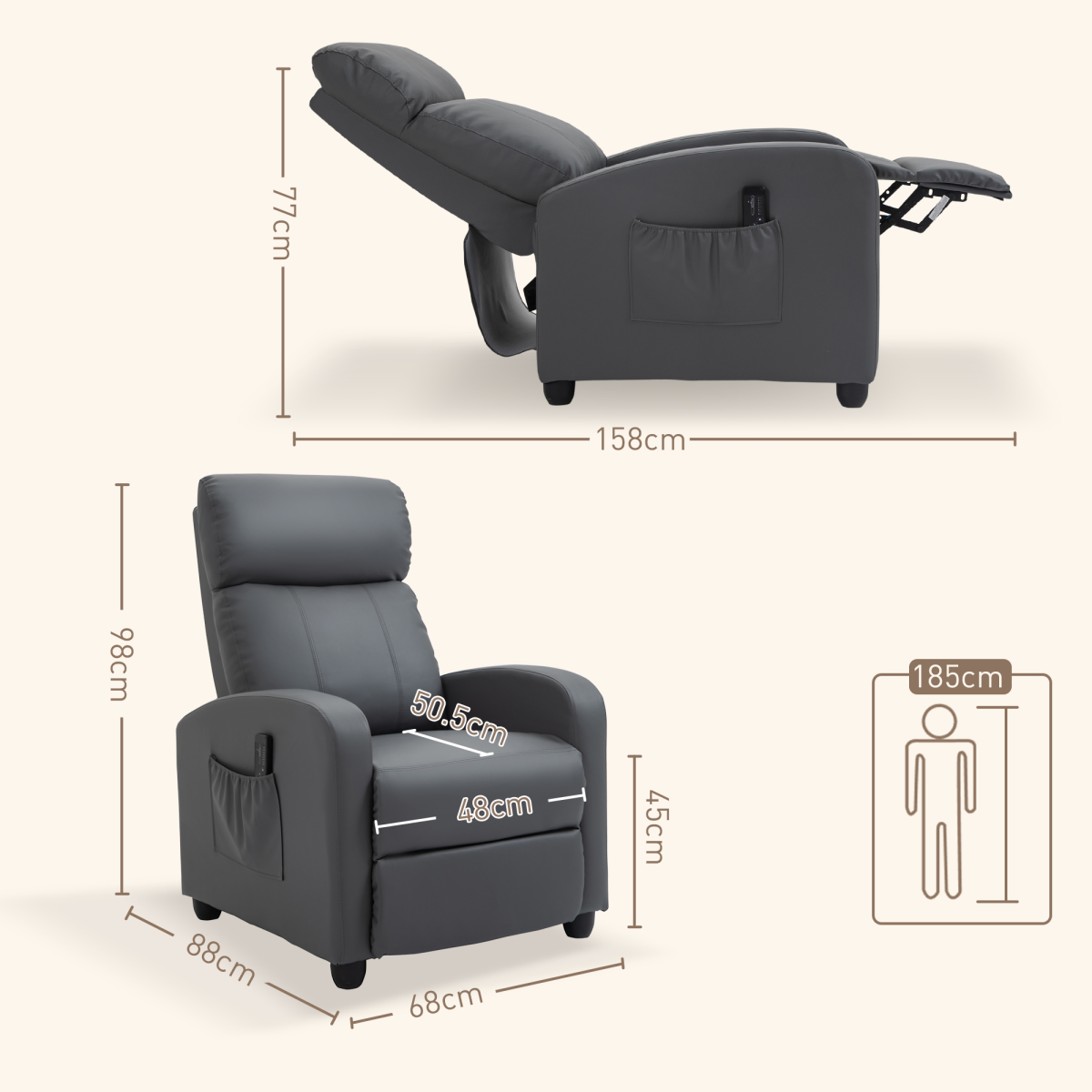 HOMCOM Recliner Armchair, Massage Faux Leather Push Back Reclining Chair with Adjustable Leg Rest, Side Pocket, for Home Living Room Theatre, Grey - from Unbranded