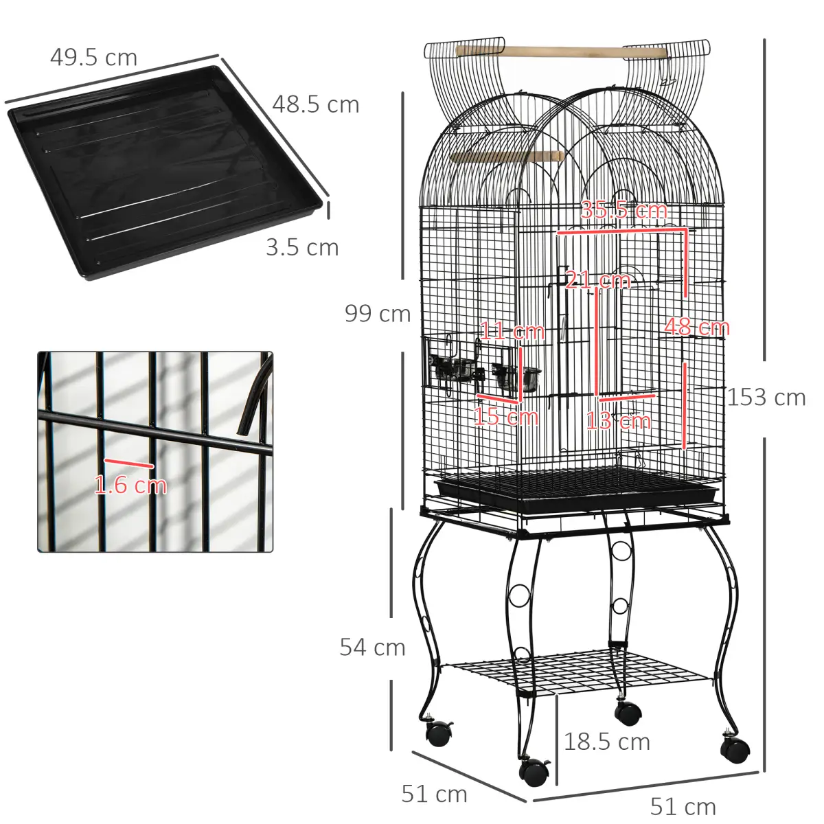 PawHut Large Bird Cage, Pet Aviary Parrot Macaw Cockatiel Finch Feeding Stand w/ Perch - Bird Cage