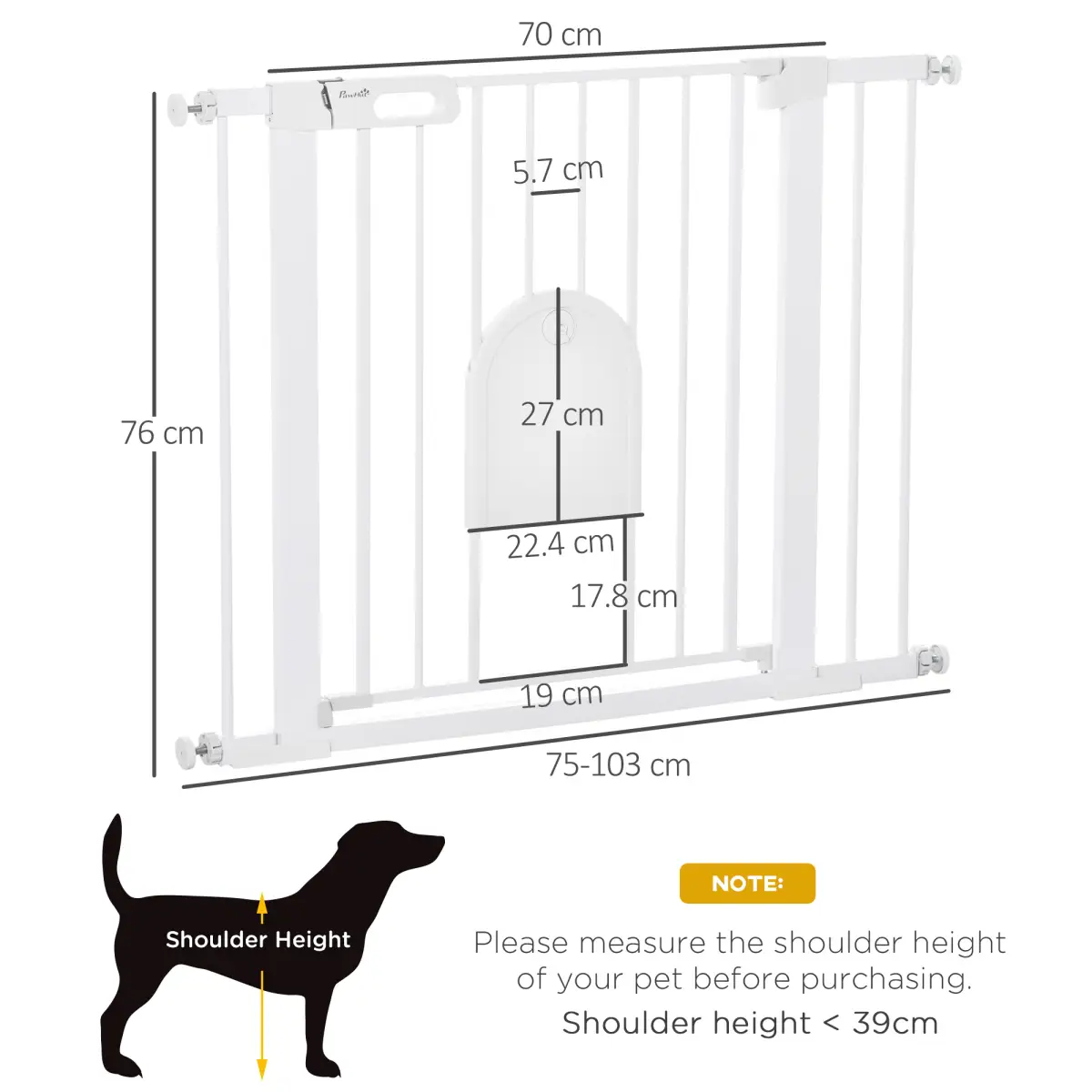 PawHut 75-103 cm Pet Safety Gate Pressure Fit Stair w/ Small Door Double Locking - Pet Gate