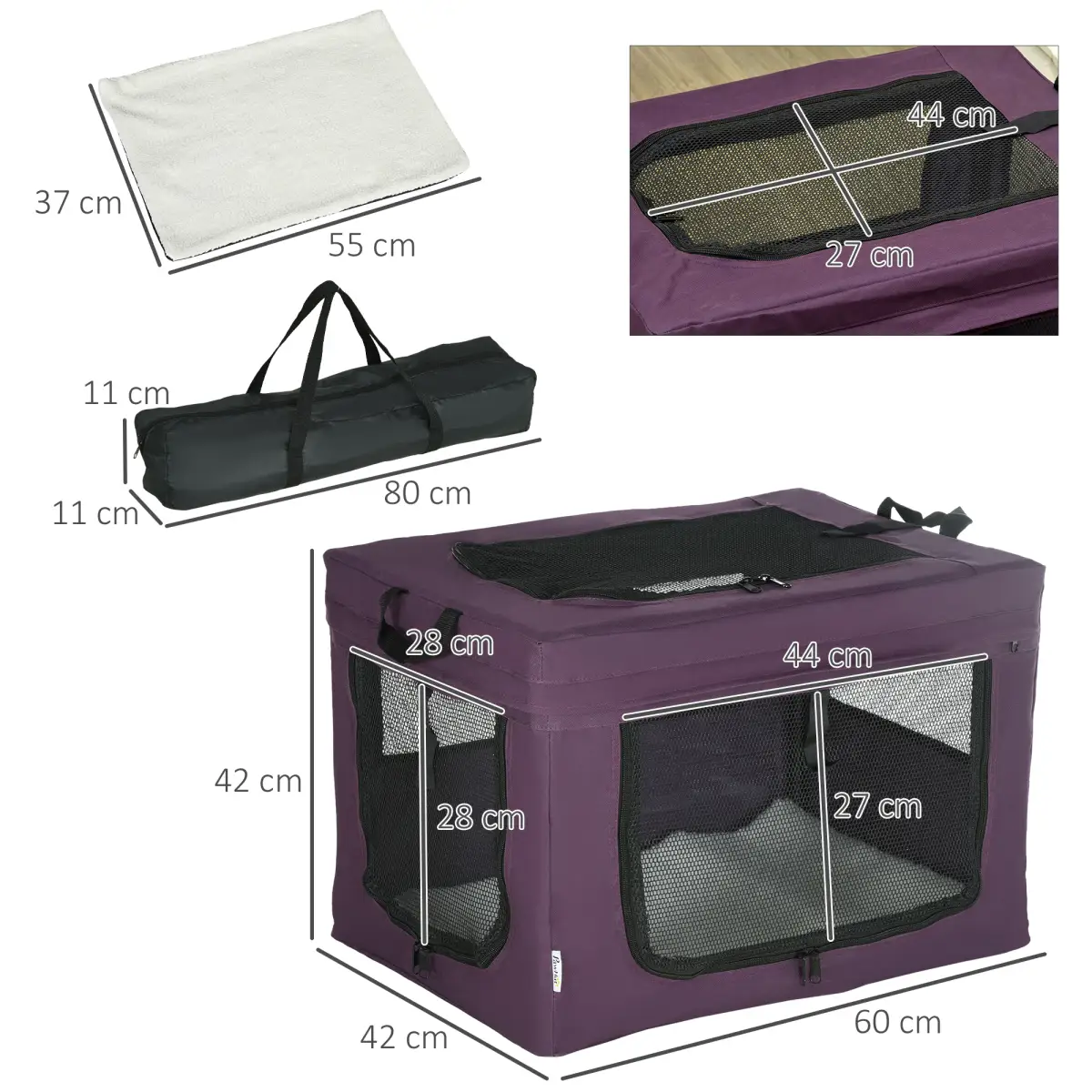 Unbranded 60cm Foldable Pet Carrier Cat Bag w/ Cushion, for Miniature Dogs - Purple - Pet Carrier