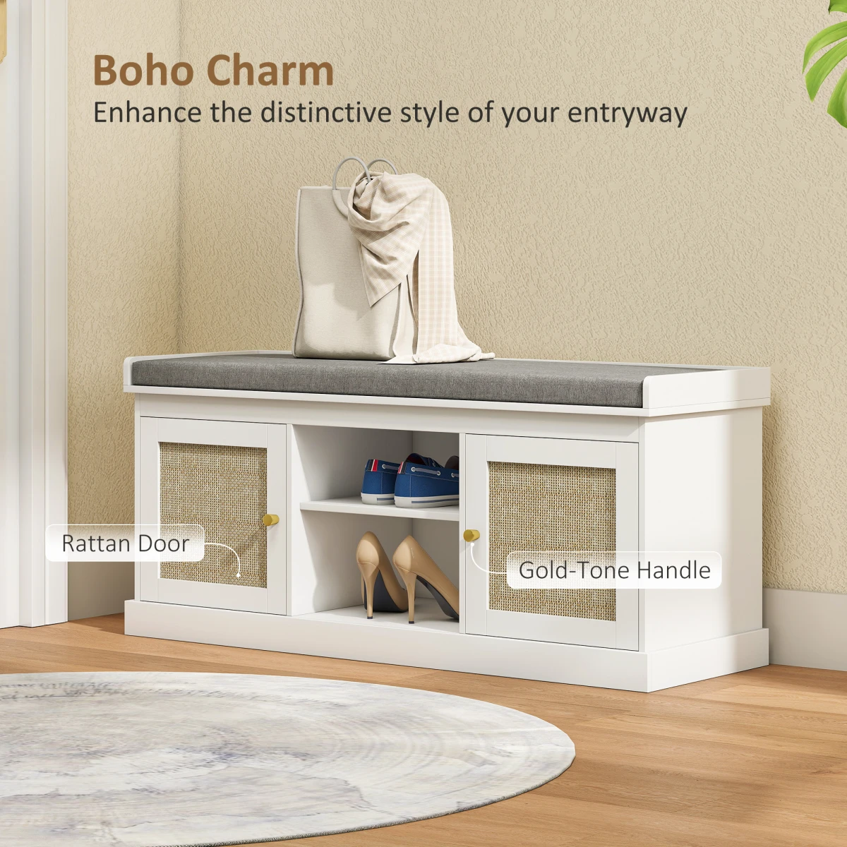 HOMCOM HOMCOM Shoe Bench, Boho Shoe Storage Bench with Padded Cushion, White -