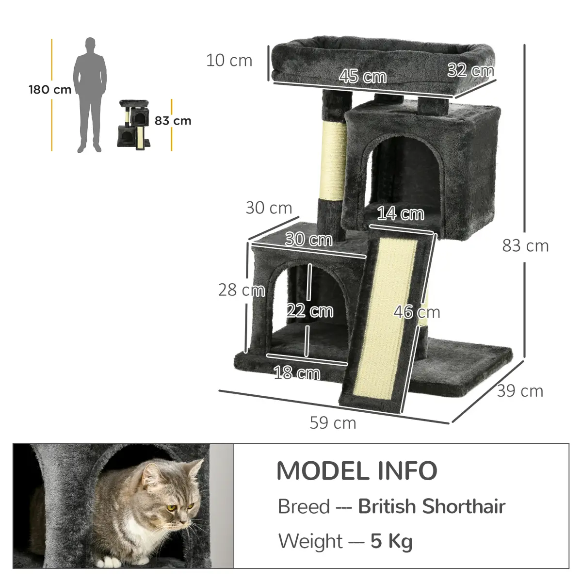 Unbranded Cat Rest & Play Activity Tree w/ 2 House Perch Scratching Post Black Pawhut - Cat Tree