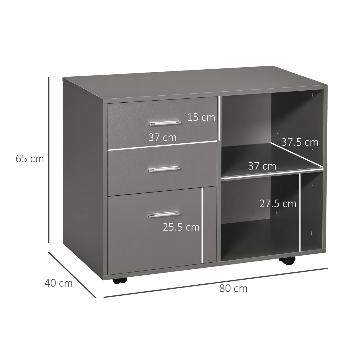 Sturdy Grey Freestanding Storage Cabinet With 3 Drawers And 2 Shelves On Wheels For Home Office by HOMCOM