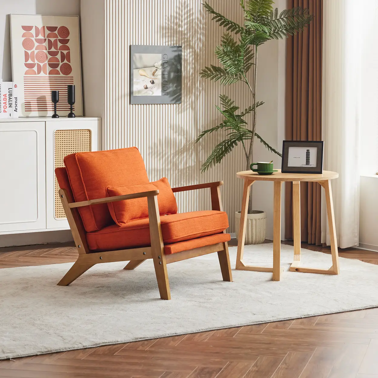 N/A Mid-Century Modern Accent Chair with Wooden Frame - Oak Armrest, Linen-Cotton Burnt Orange Upholstery, Single Seater Lounge Chair for Living Room (Weight Capacity 330LBS) - Accent Chair