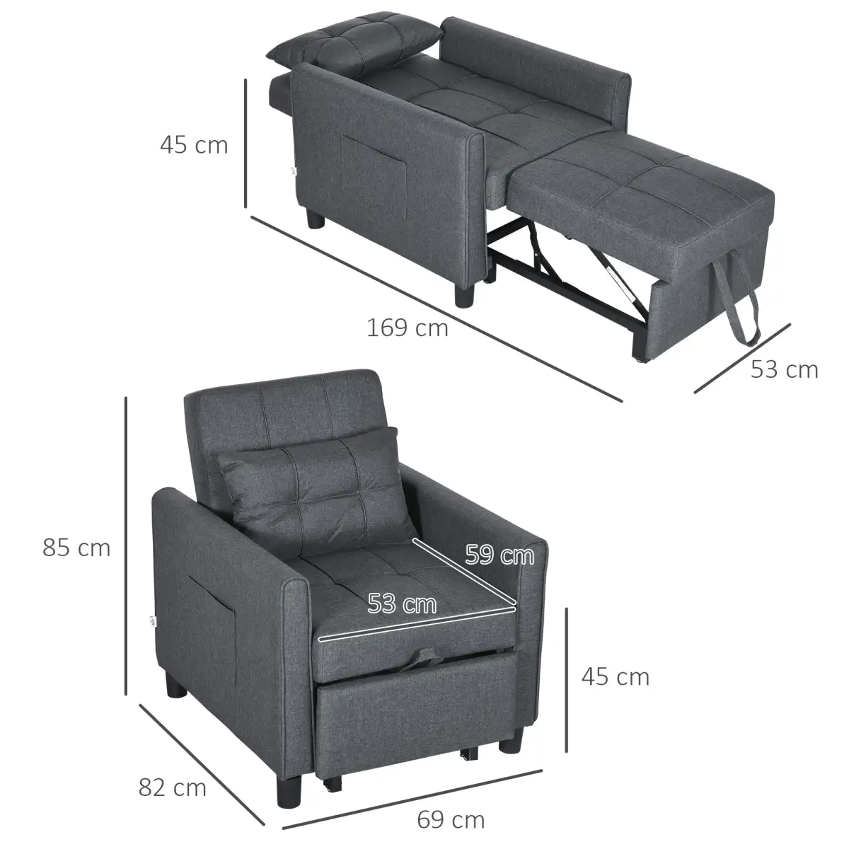 HOMCOM HOMCOM Pull Out Chair Bed, Sleeper Chair with Pillow, Side Pockets, Grey - Sofa Bed