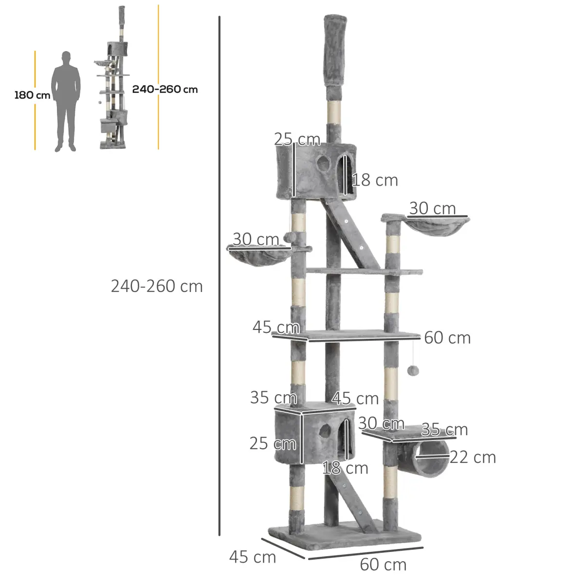 PawHut PawHut 240-260cm Floor to Ceiling Cat Tree with Scratching Posts - Light Grey - Cat Tree
