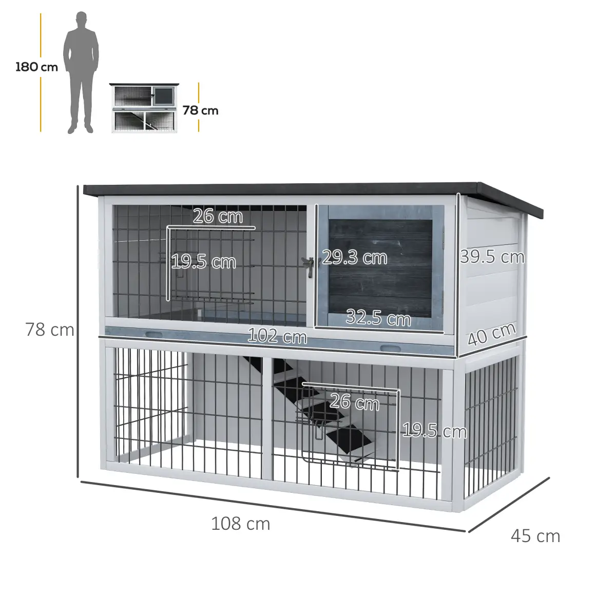 Pawhut Rabbit Hutch and Run w/ Removable Tray Openable Top for Indoors & Outdoors Grey - Rabbit Hutch