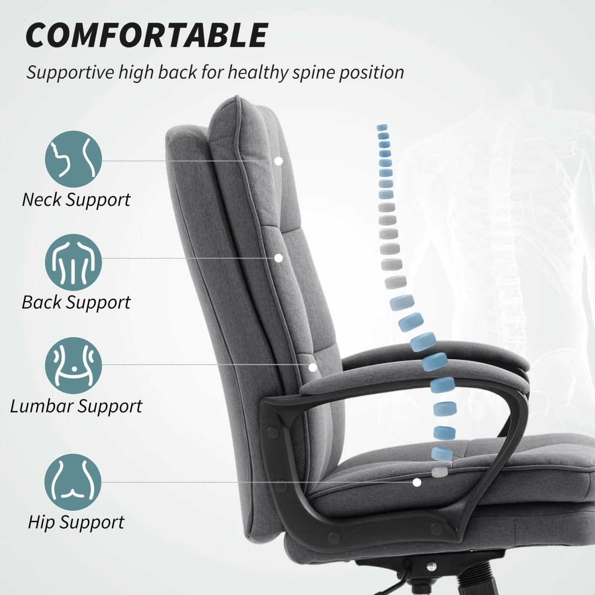 HOMCOM HOMCOM Fabric Office Chair With Adjustable Height Tilt 5 Wheel Ergonomic Home Desk Chair - Office Chair