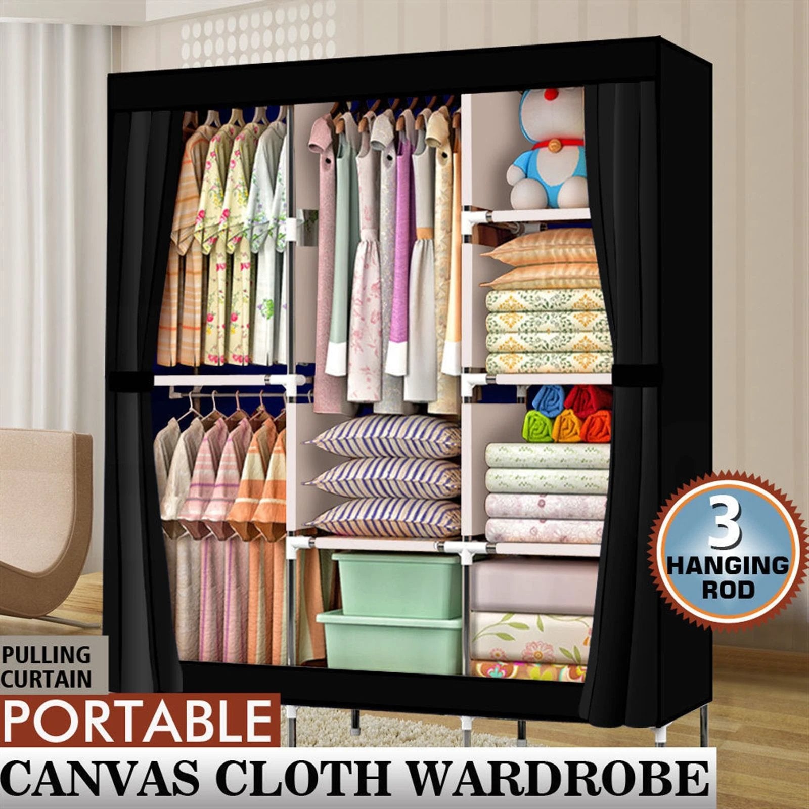 N/A 71" Portable Closet Wardrobe Clothes Rack Storage Organizer with Shelf Black -