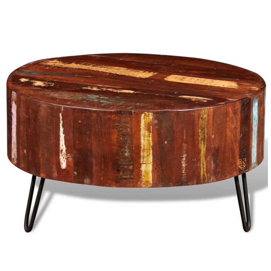 VidaXL Round Reclaimed Wood Coffee Table With Solid Top And Iron Hairpin Legs For Living Rooms by vidaXL