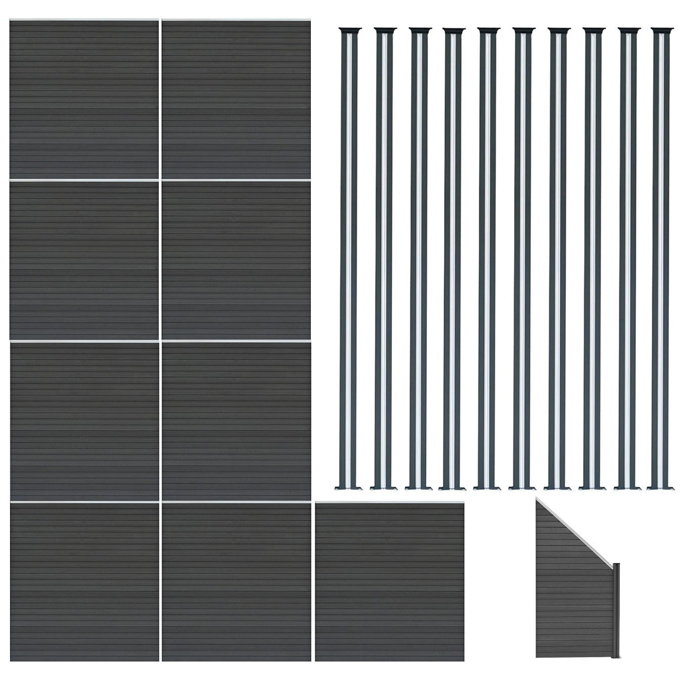 Monster Shop Composite Fence Panels x 9, Angled Piece & LED Posts x 10 - Grey -