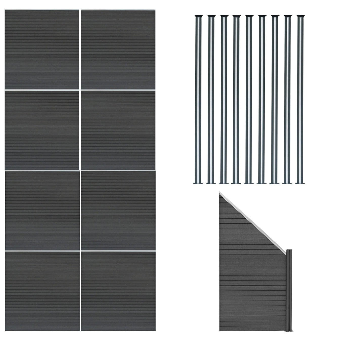 Monster Shop Composite Fence Panels x 8, Angled Piece & LED Posts x 9 - Grey -