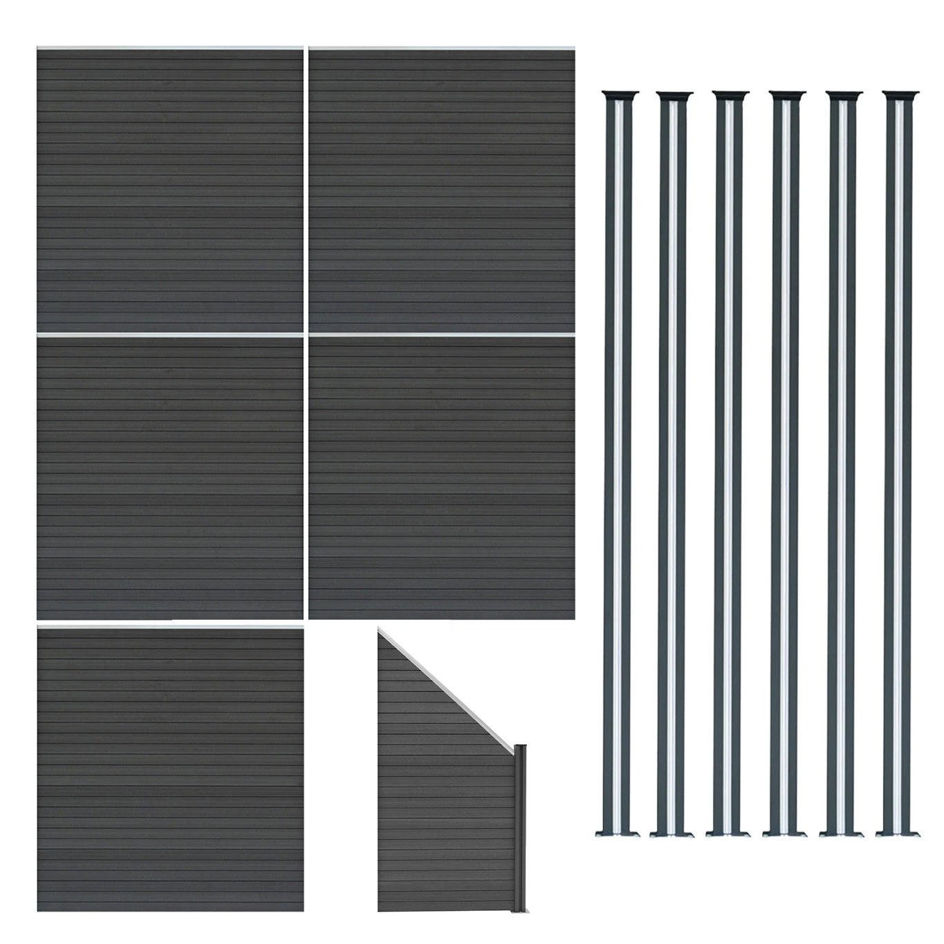 Composite Fence Panels x 5, Angled Piece & LED Posts x 6 - Grey by Monster Shop