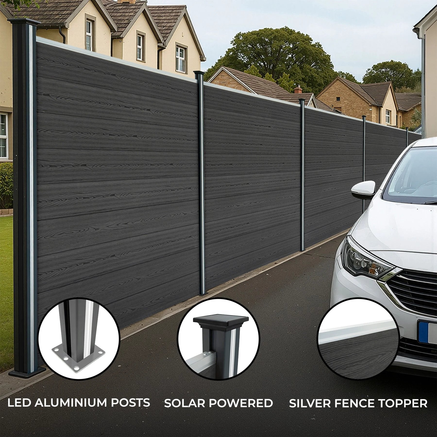 Monster Shop Composite Fence Panel & LED Posts 6ft x 6ft - Grey -