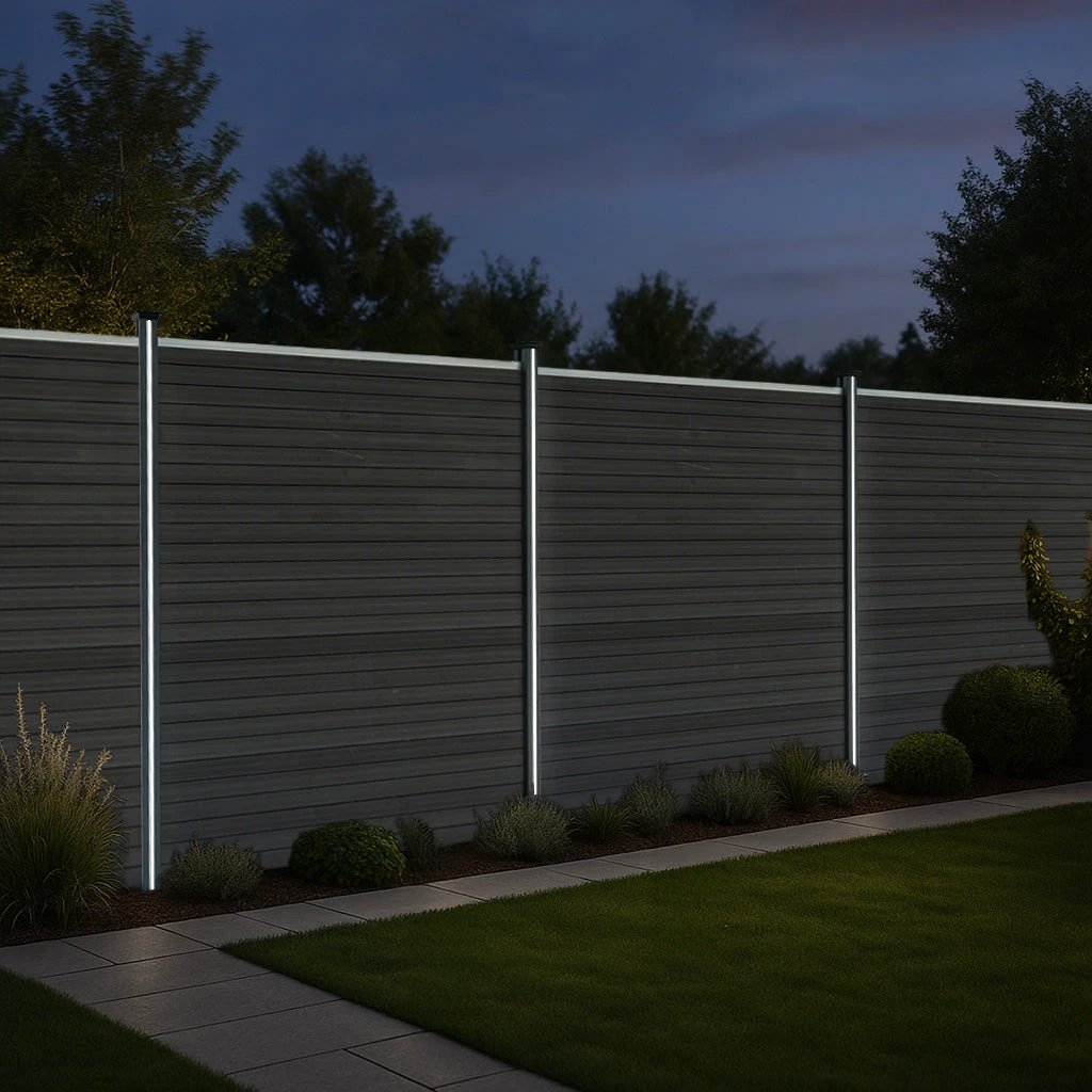 Monster Shop Composite Fence Panel x 7 & LED Posts 6ft x 40ft - Grey -