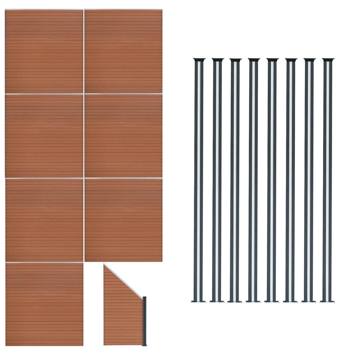 Composite Fence Panels x 7, Angled Piece & LED Posts x 8 - Brown by Monster Shop