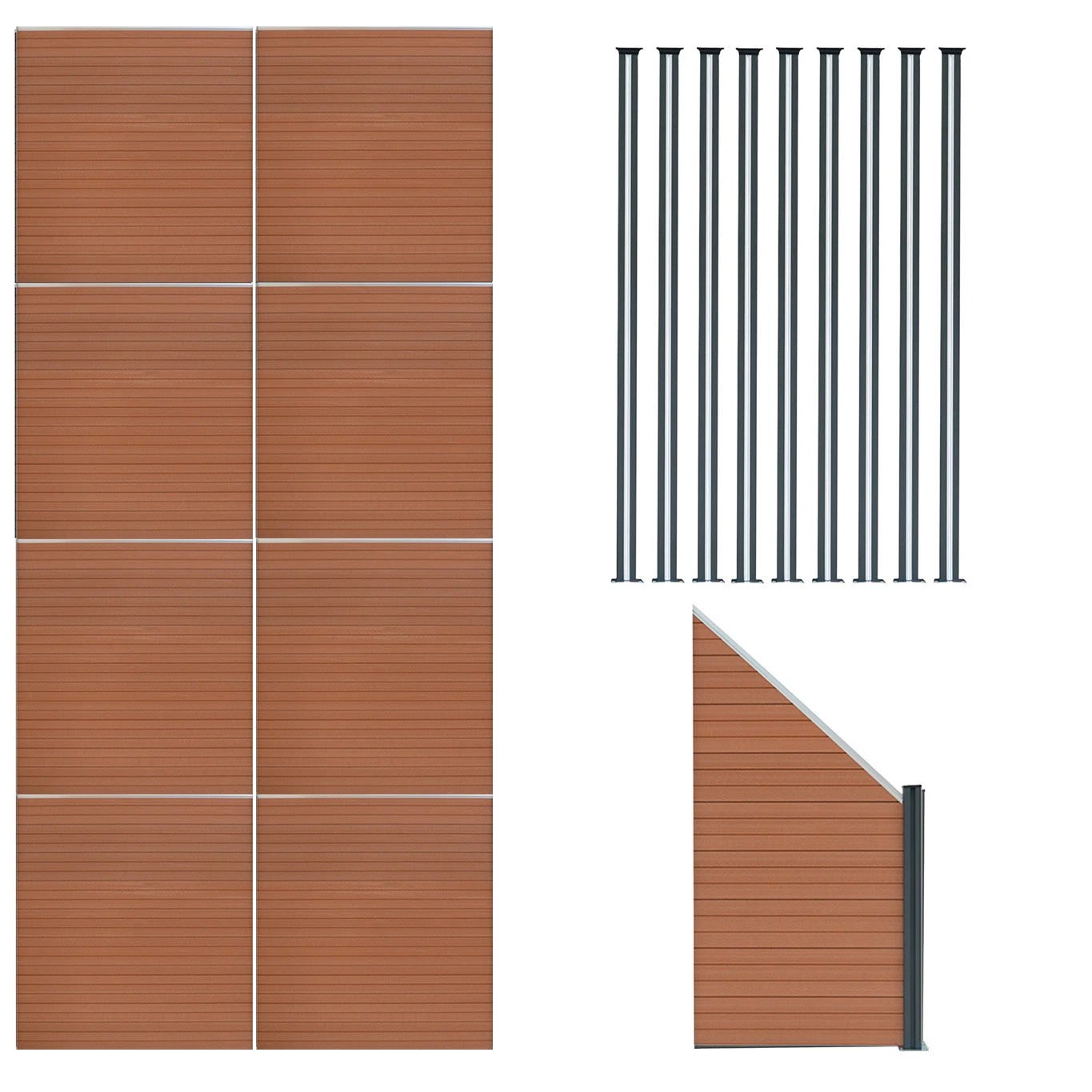 Composite Fence Panels x 8, Angled Piece & LED Posts x 9 - Brown by Monster Shop