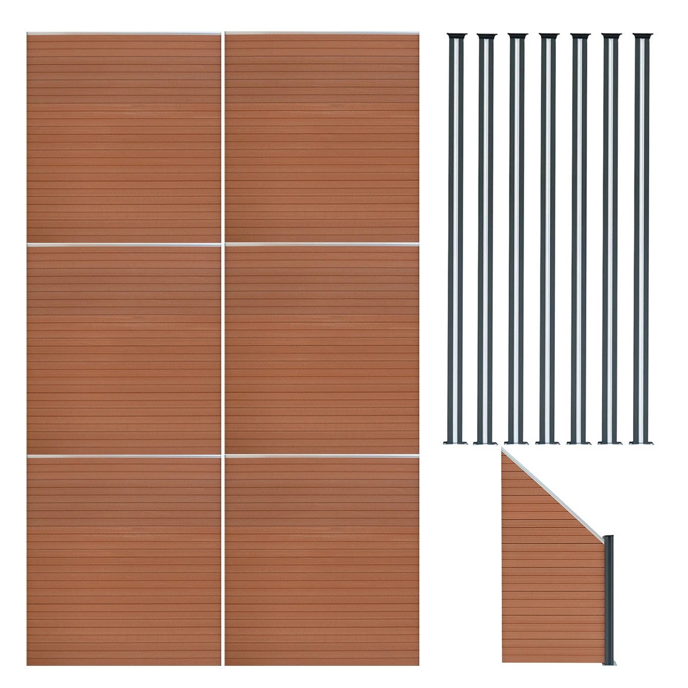 Composite Fence Panels x 6, Angled Piece & LED Posts x 7 - Brown by Monster Shop