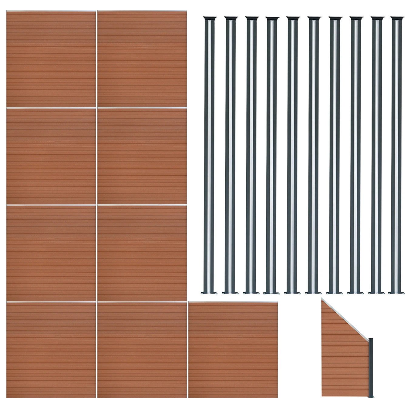 Monster Shop Composite Fence Panels x 9, Angled Piece & LED Posts x 10 - Brown -