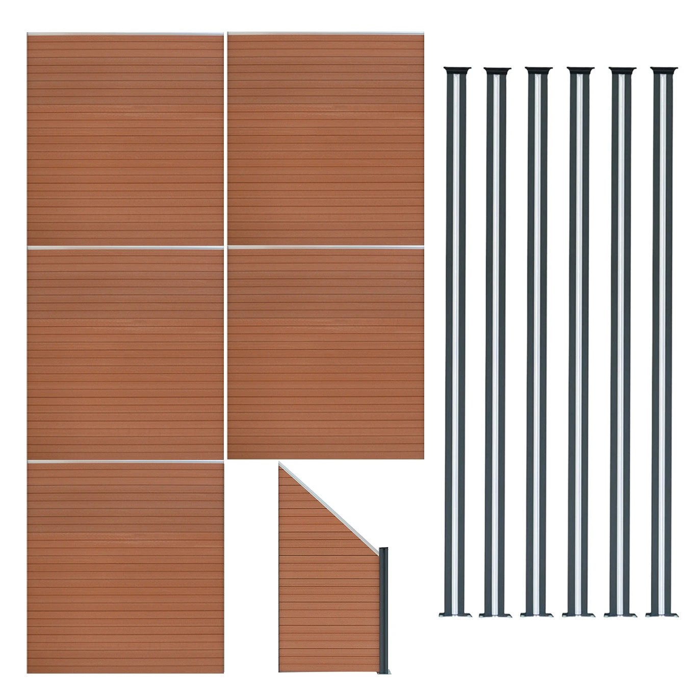 Composite Fence Panels x 5, Angled Piece & LED Posts x 6 - Brown by Monster Shop