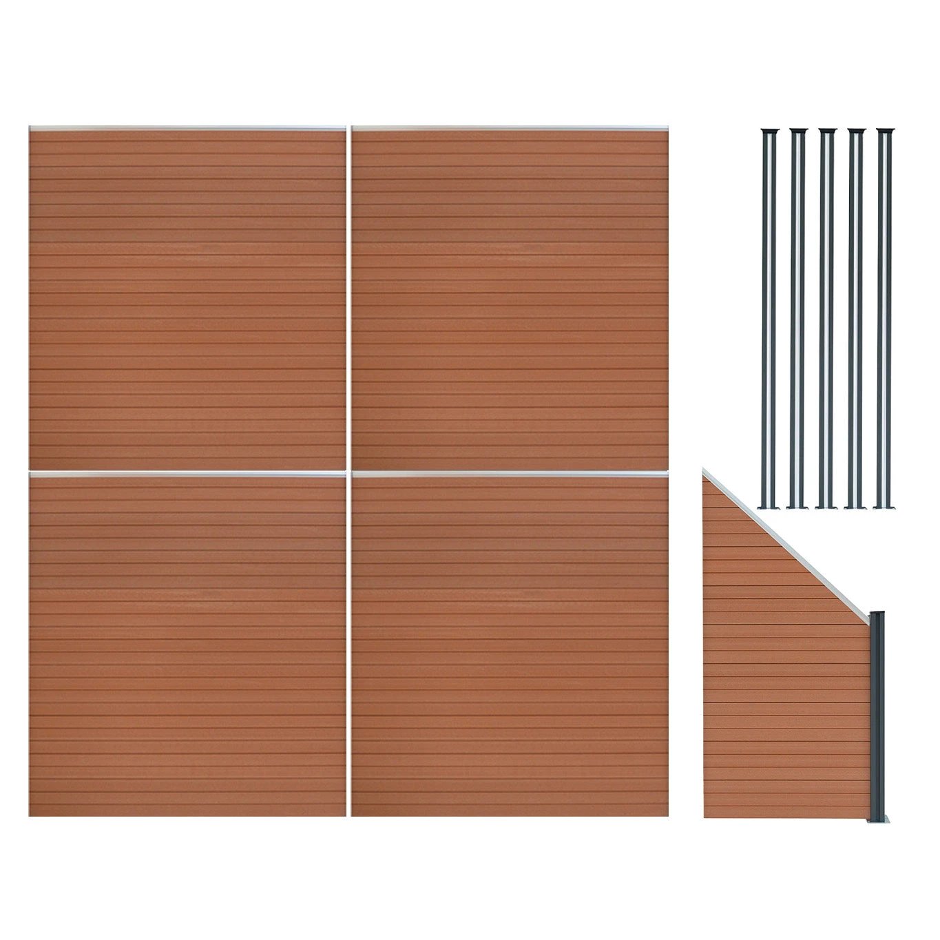 Monster Shop Composite Fence Panels x 4, Angled Piece & LED Posts x 5 - Brown -