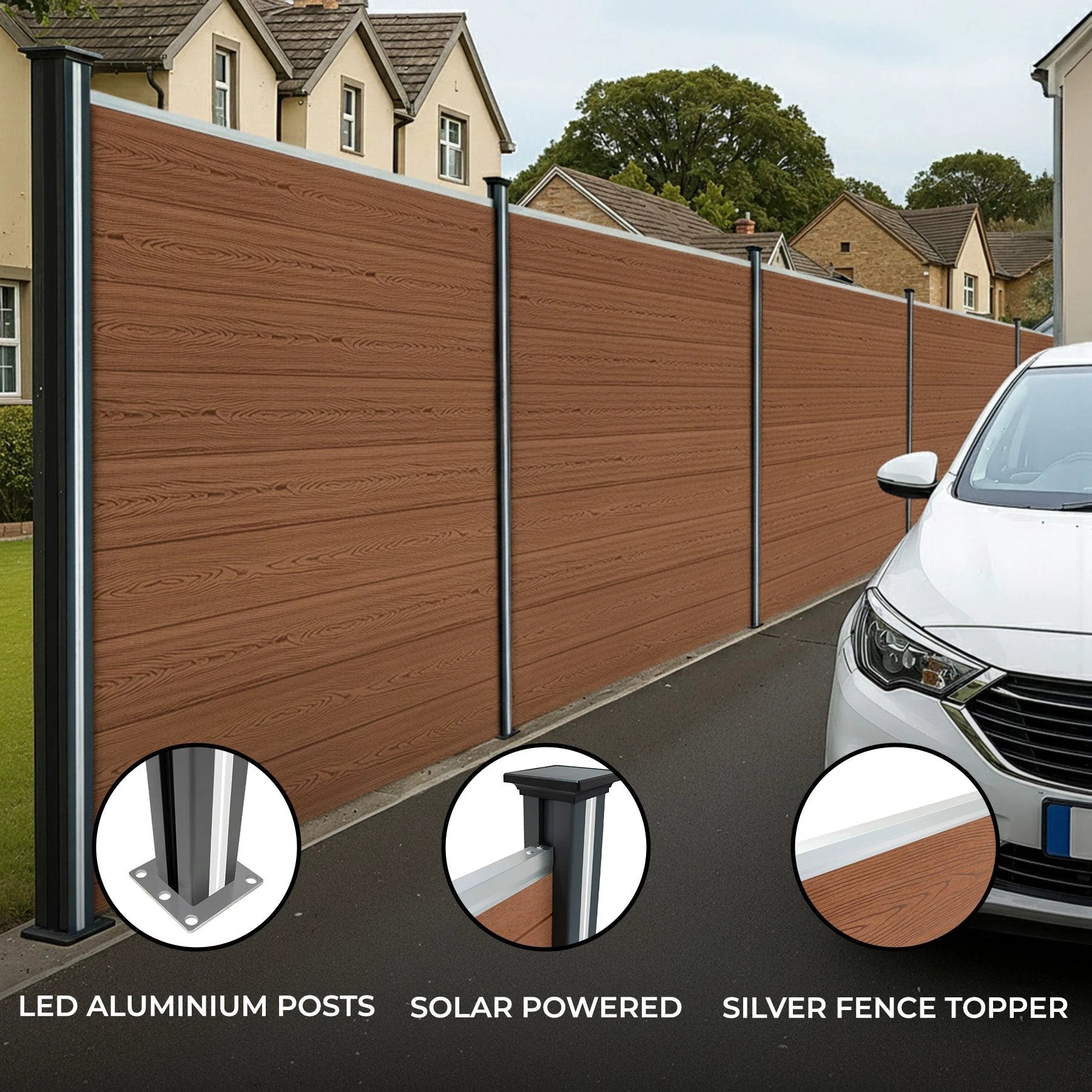 Composite Fence Panel x 9 & LED Posts 6ft x 51ft - Brown by Monster Shop