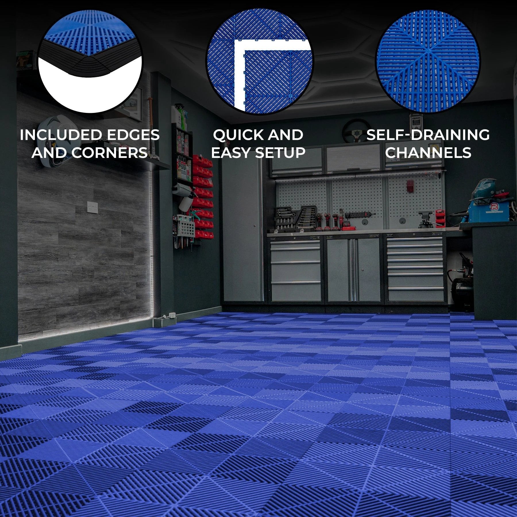 Vented Garage Floor Tiles x 120 With Edges - Blue by Monster Shop