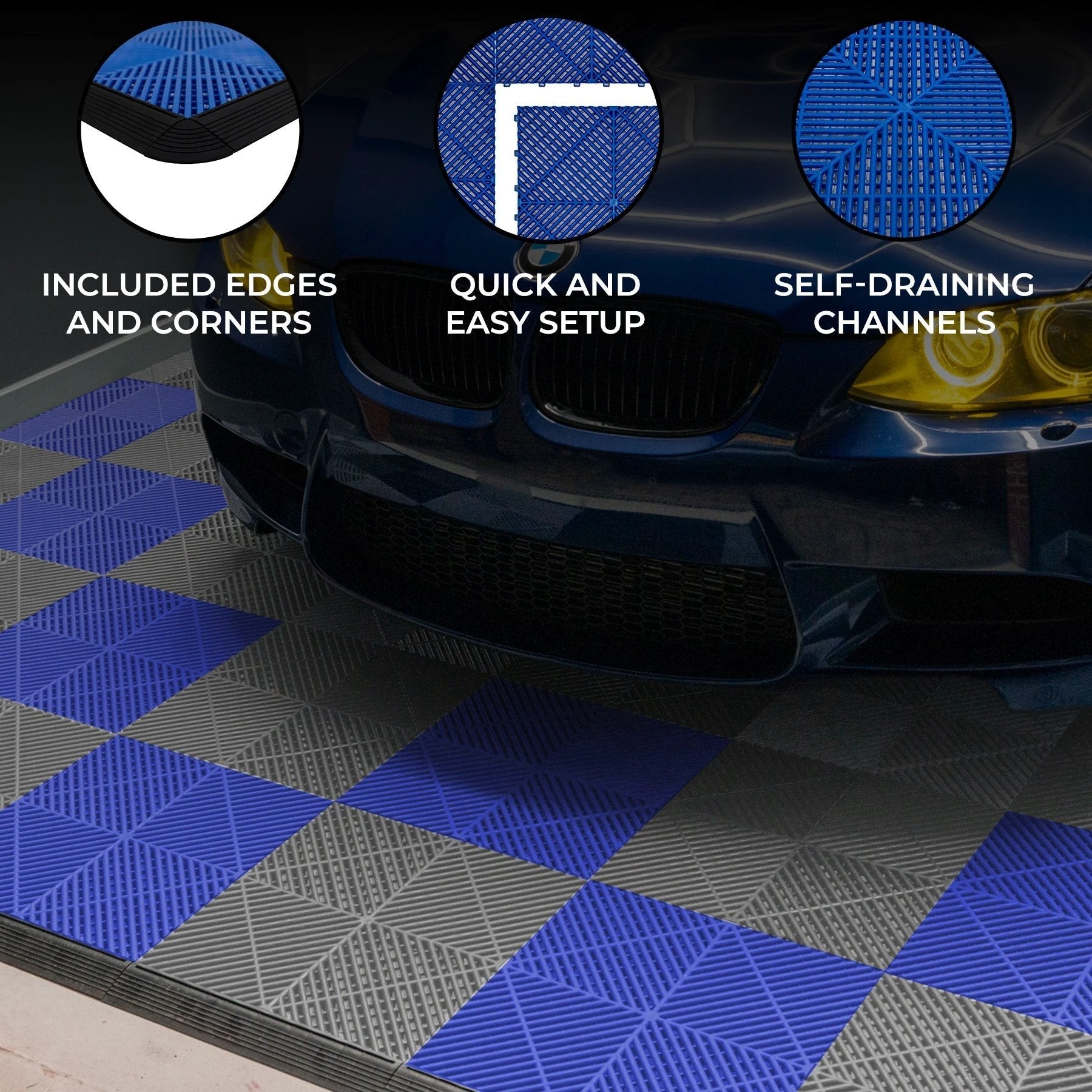Vented Garage Floor Tiles With Edges – 120 Grey & 120 Blue by Monster Shop