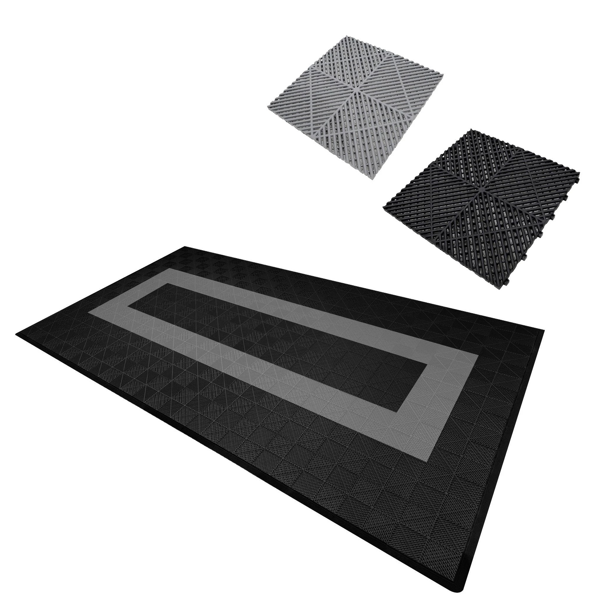 Monster Shop Vented Garage Floor Tiles With Edges – 90 Black & 30 Grey -