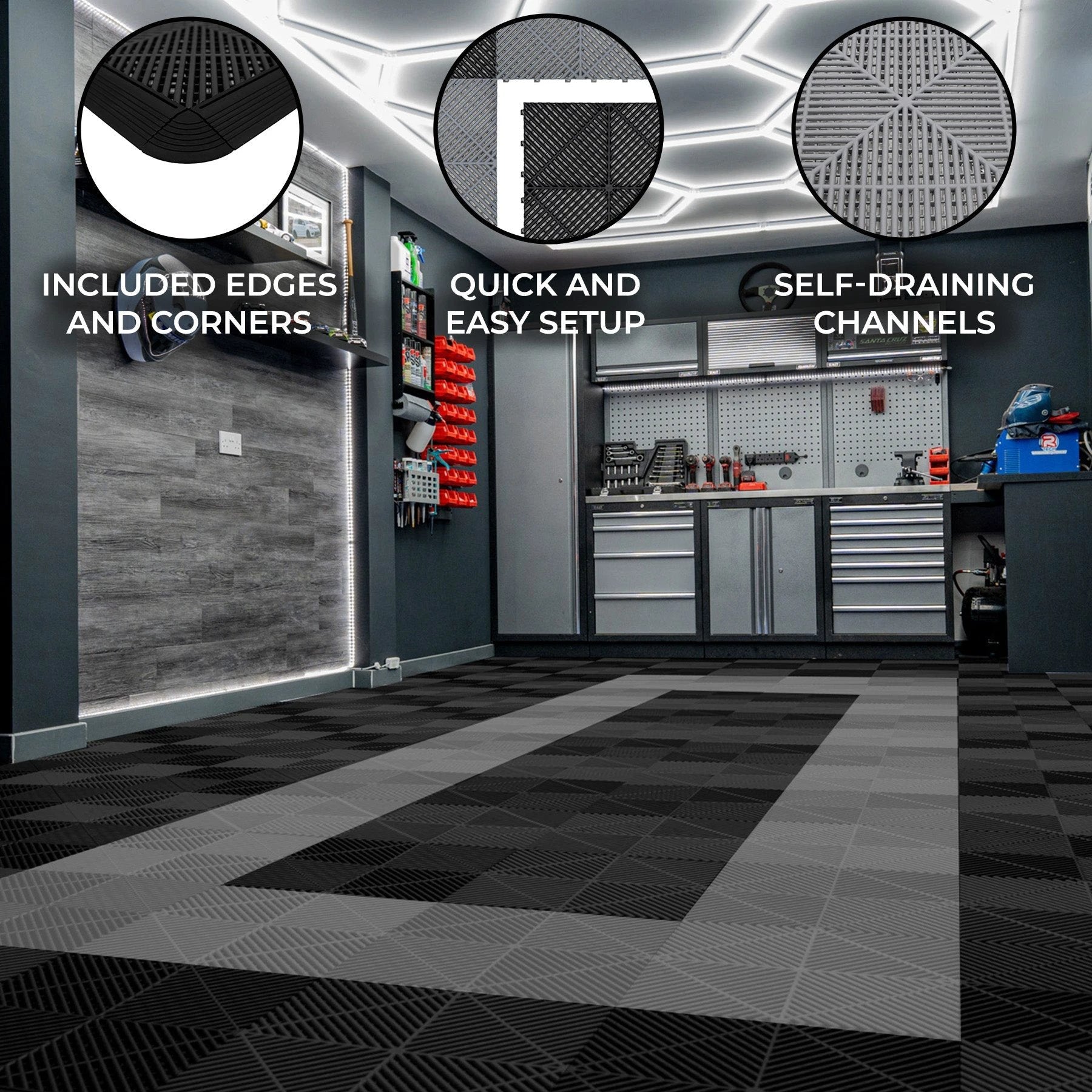 Monster Shop Vented Garage Floor Tiles With Edges – 90 Black & 30 Grey -