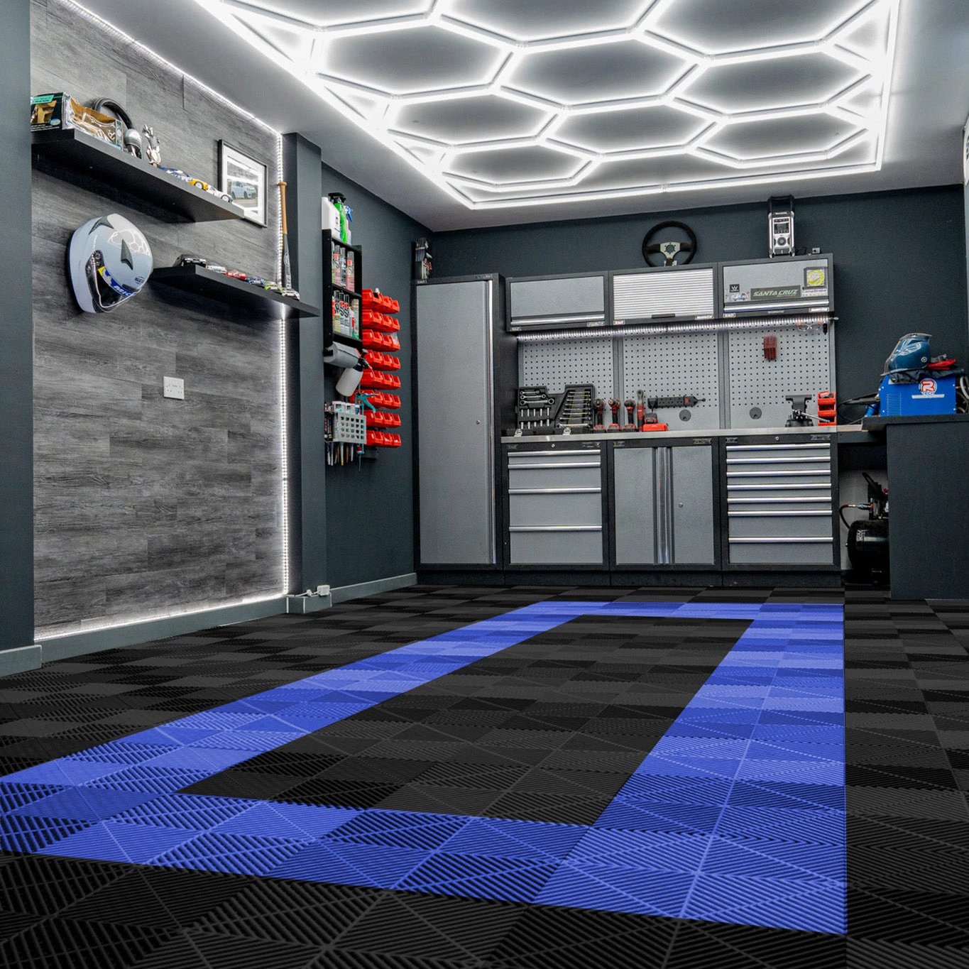 Vented Garage Floor Tiles With Edges – 90 Black & 30 Blue by Monster Shop